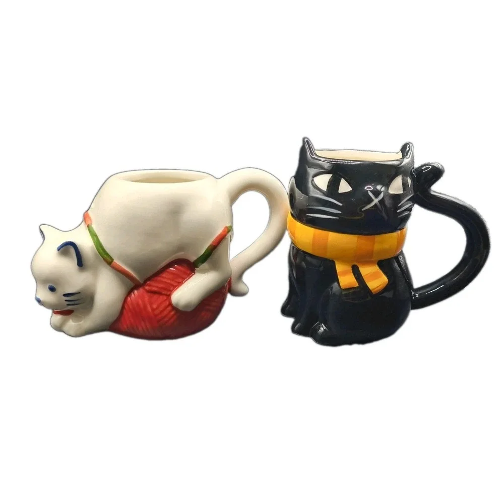 2-Target Wondershop Ceramic Cat Lover Mugs-White Kitty with Yarn & Black Cat